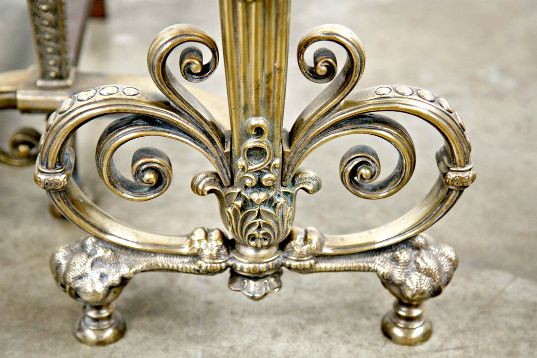 Fine Pair of Brass and Wrought Iron Andirons Attributed to Tiffany Studios