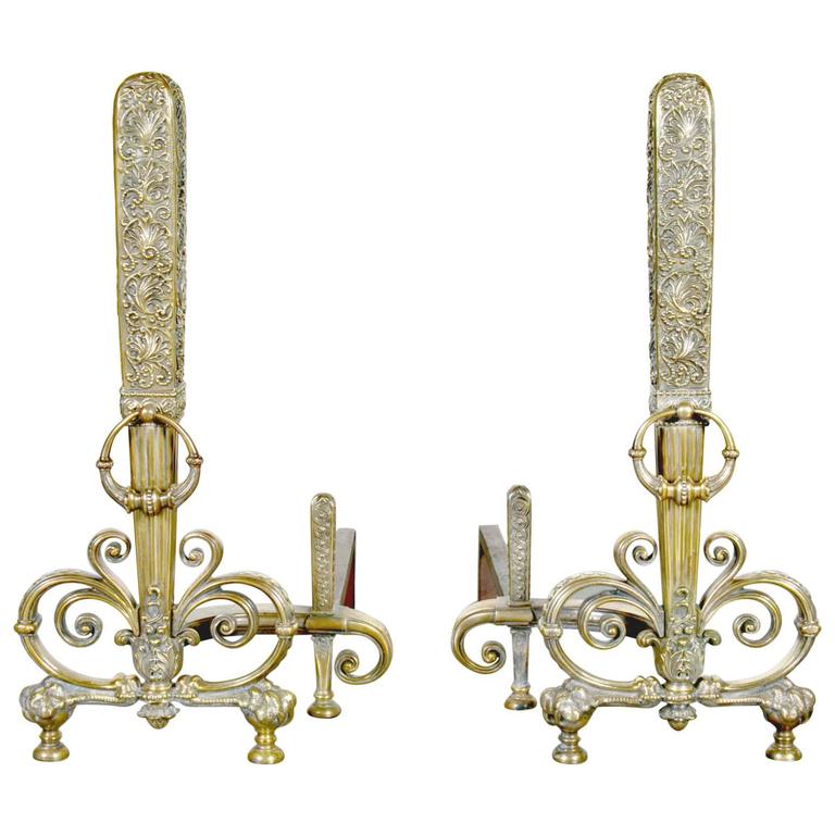 Fine Pair of Brass and Wrought Iron Andirons Attributed to Tiffany Studios