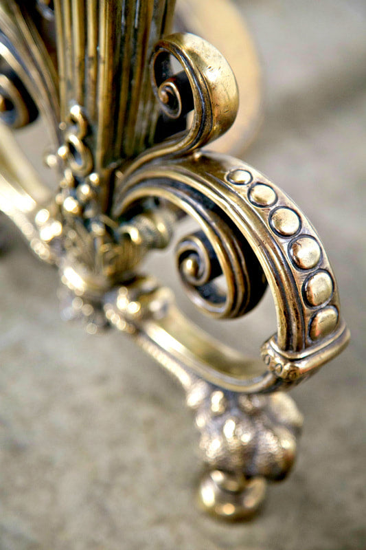 Fine Pair of Brass and Wrought Iron Andirons Attributed to Tiffany Studios