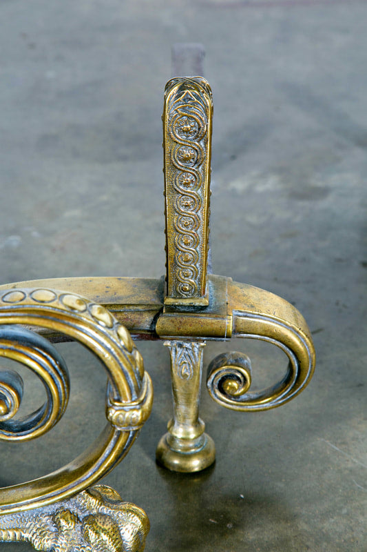 Fine Pair of Brass and Wrought Iron Andirons Attributed to Tiffany Studios