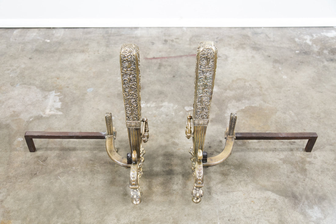 Fine Pair of Brass and Wrought Iron Andirons Attributed to Tiffany Studios