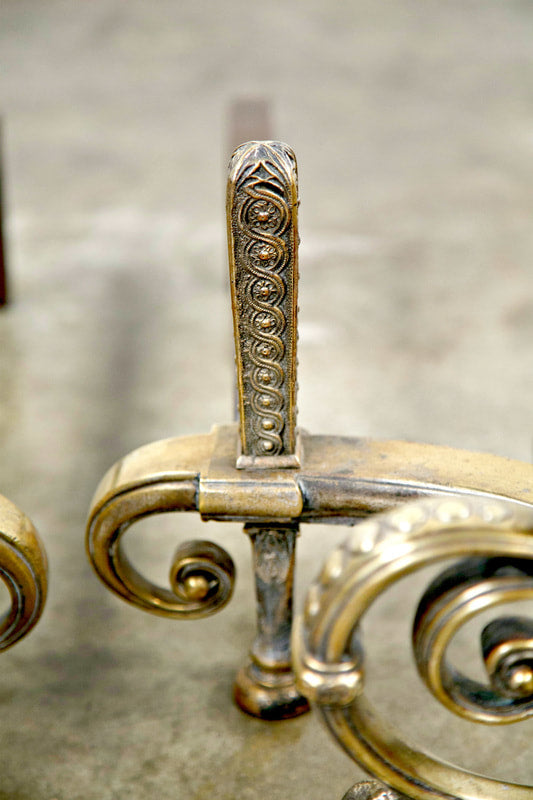 Fine Pair of Brass and Wrought Iron Andirons Attributed to Tiffany Studios