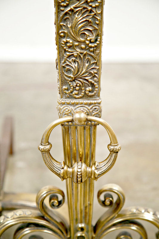 Fine Pair of Brass and Wrought Iron Andirons Attributed to Tiffany Studios