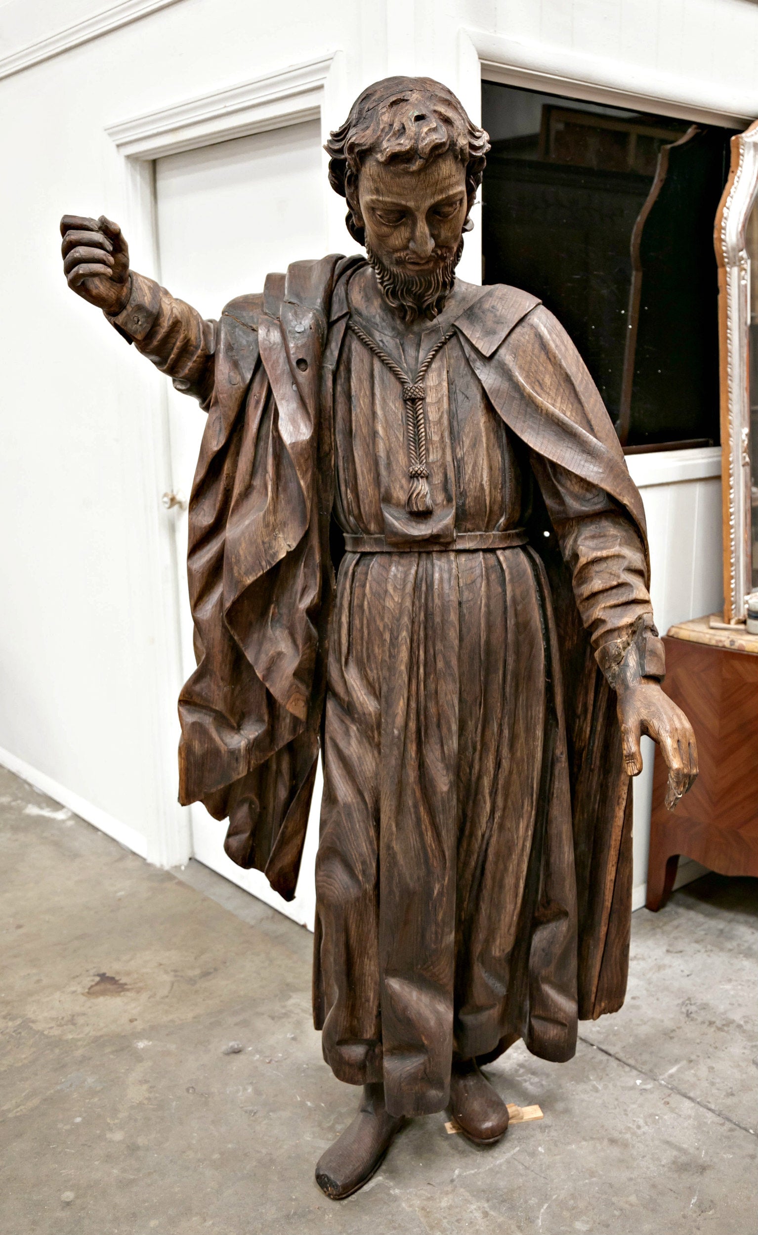 Rare 18th Century Life Size Carved Wood Statue of St. Joseph