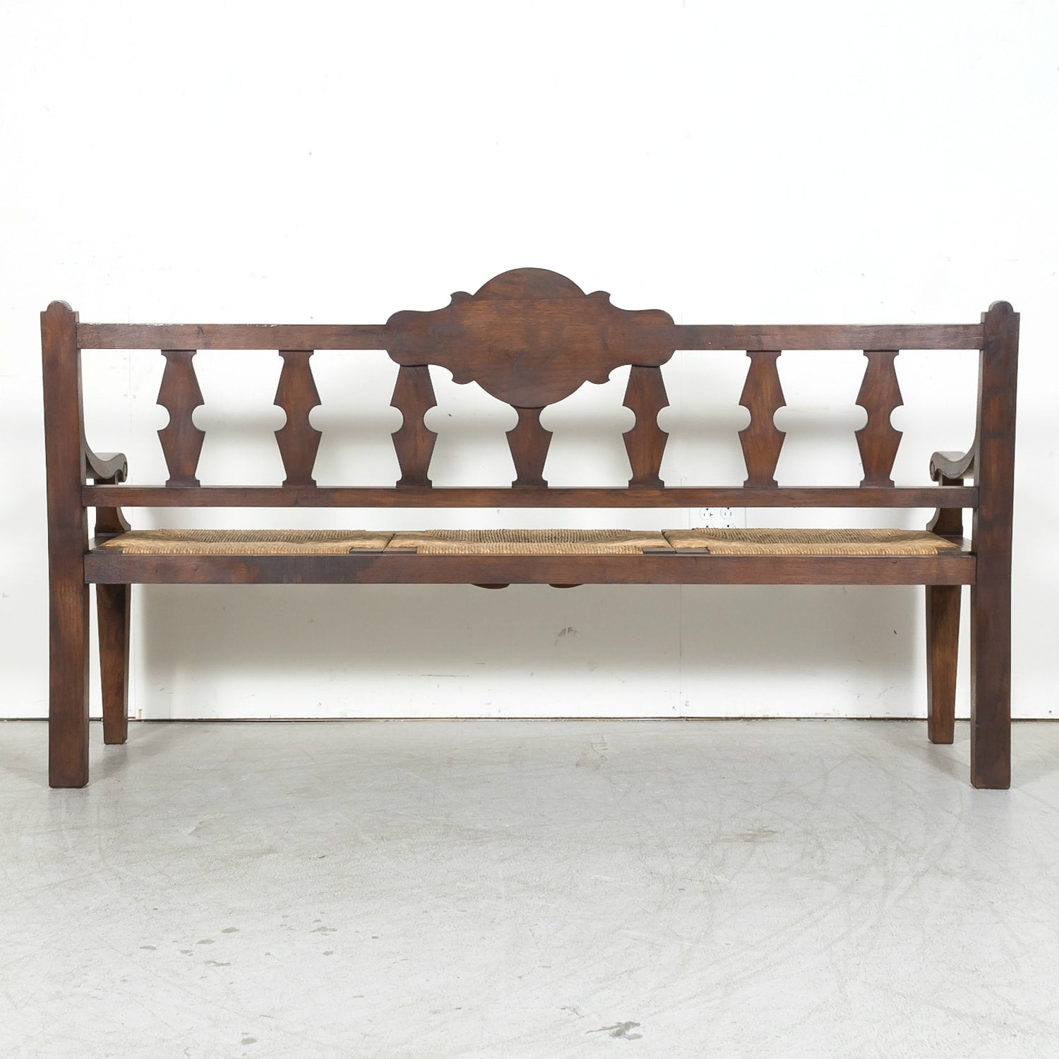 19th Century French Country Carved Oak Radassier or Hall Bench with Rush Seat