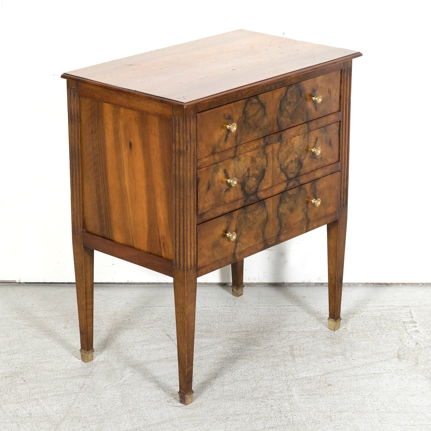 19th Century French Louis XVI Style Walnut and Burled Walnut Bookmatched Front Petite Commode