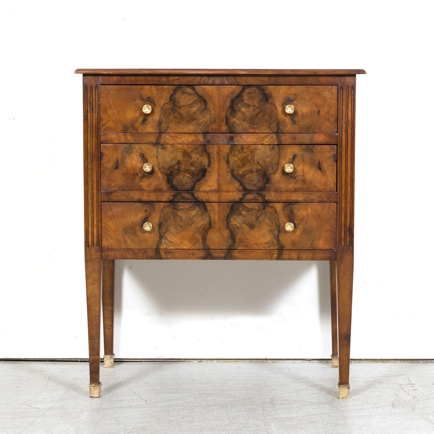 19th Century French Louis XVI Style Walnut and Burled Walnut Bookmatched Front Petite Commode