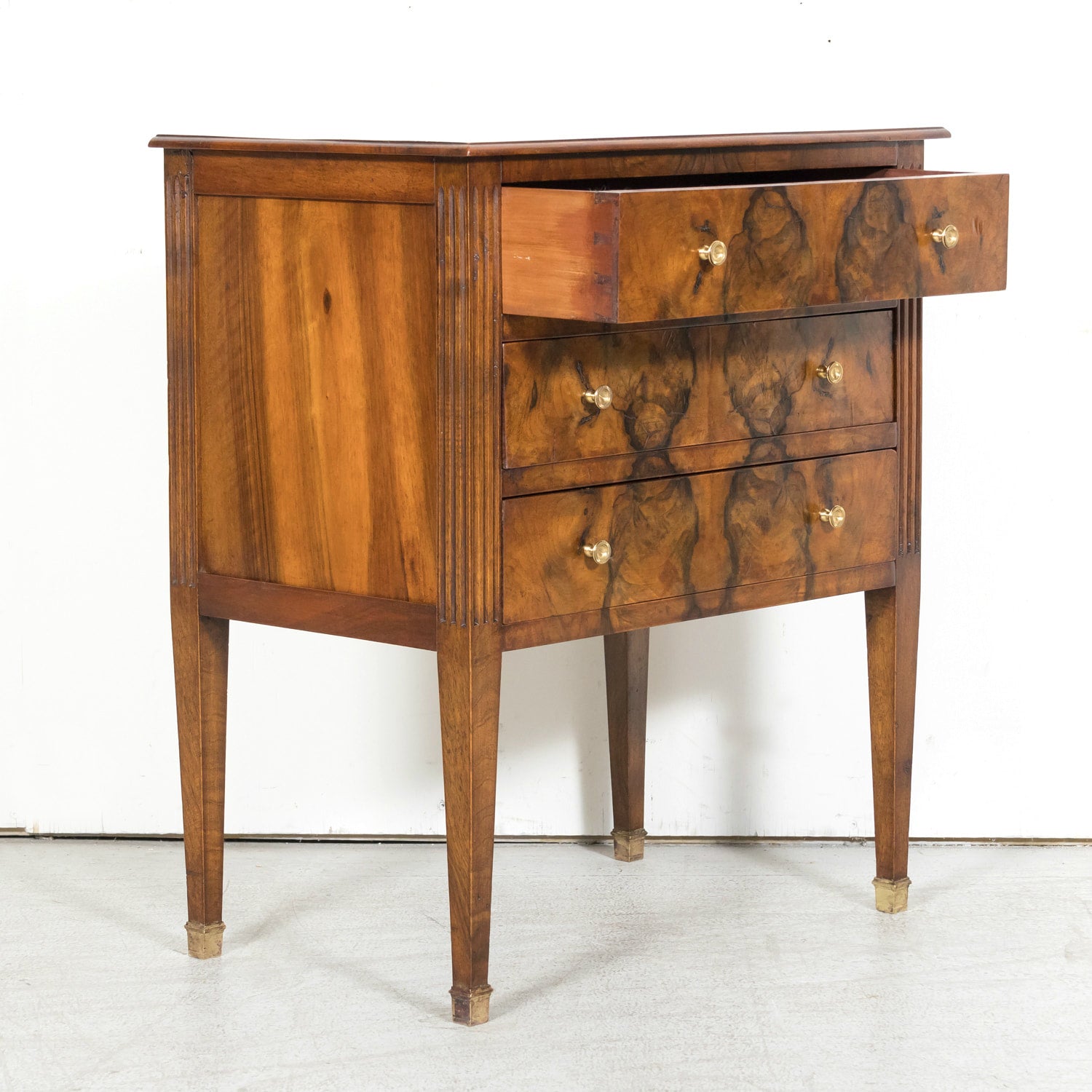 19th Century French Louis XVI Style Walnut and Burled Walnut Bookmatched Front Petite Commode