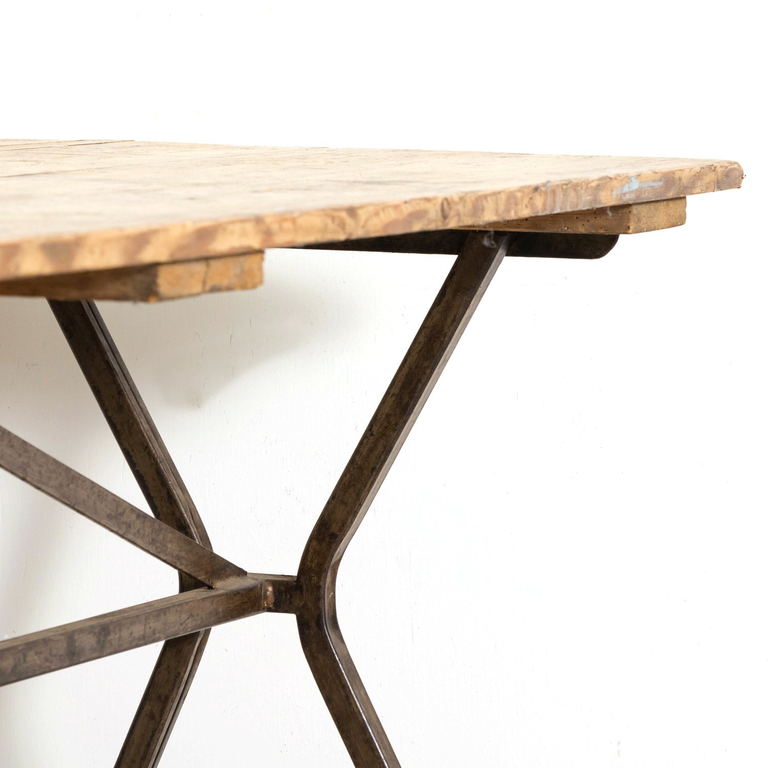 Antique French Washed Oak Console Table with Iron Base