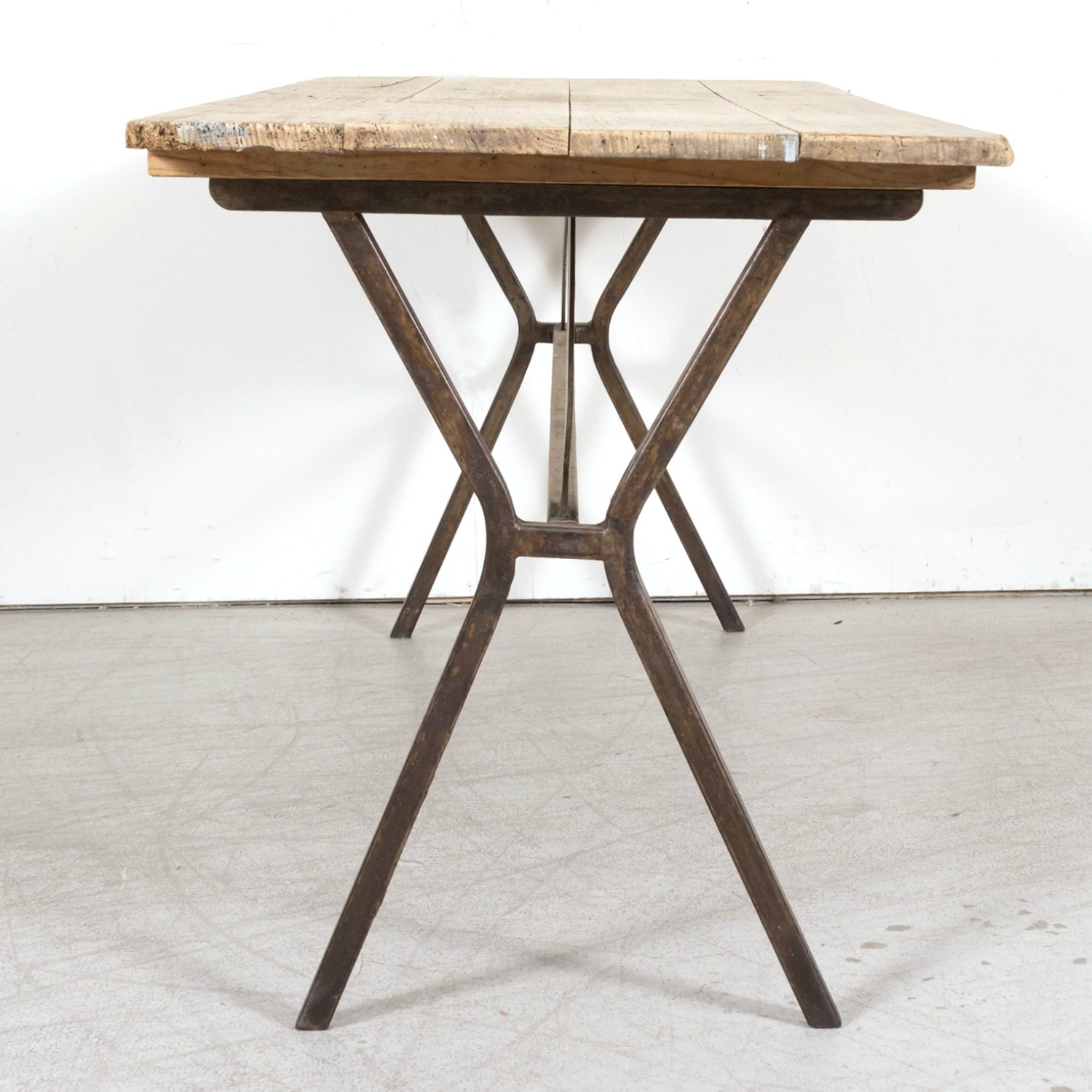 Antique French Washed Oak Console Table with Iron Base