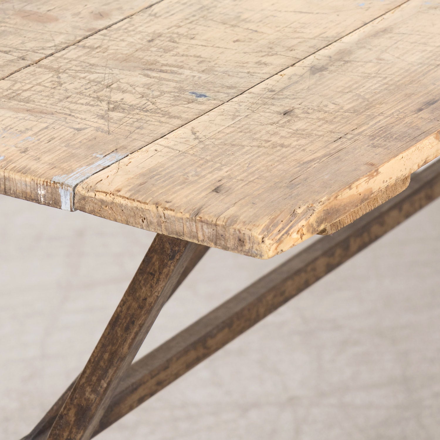 Antique French Washed Oak Console Table with Iron Base