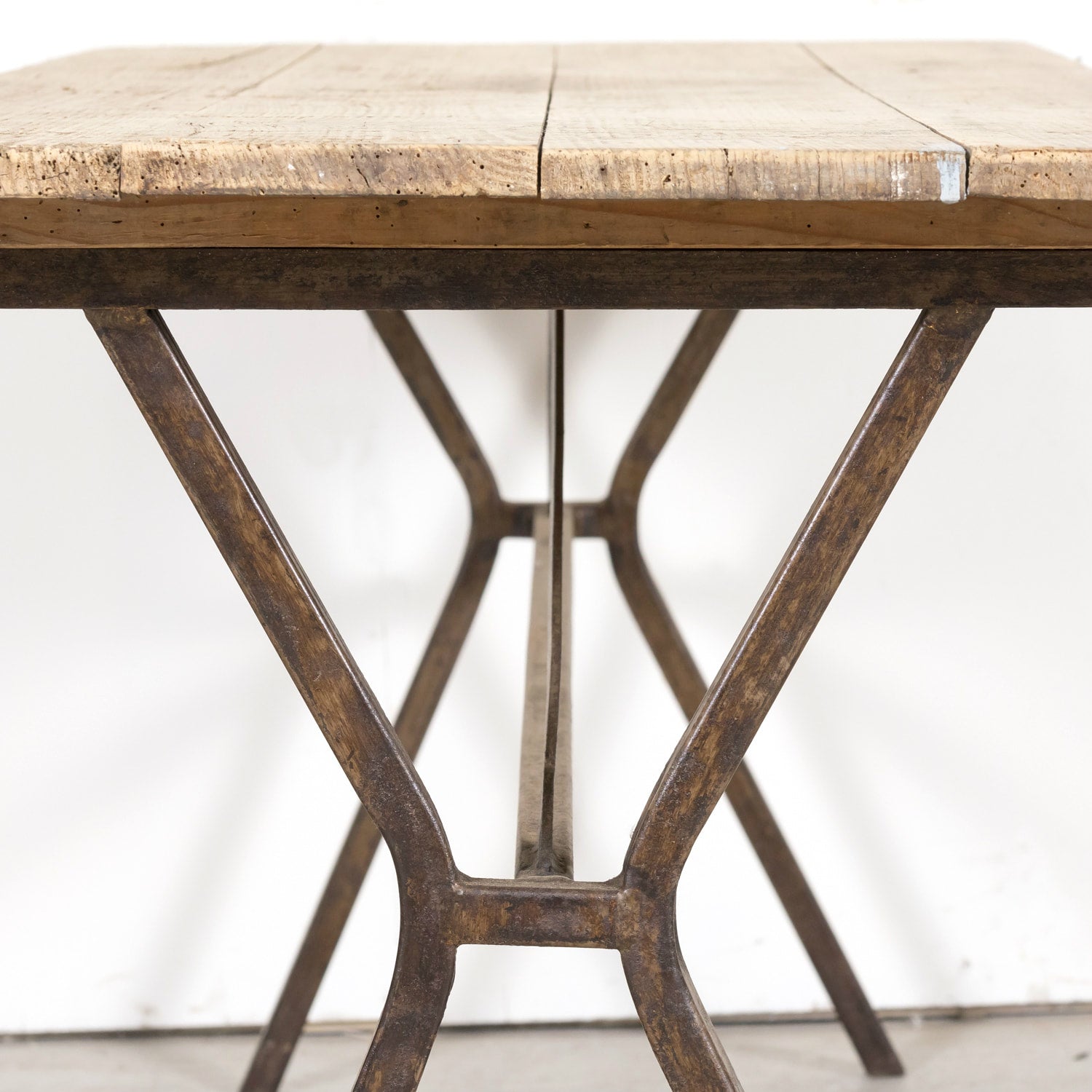 Antique French Washed Oak Console Table with Iron Base
