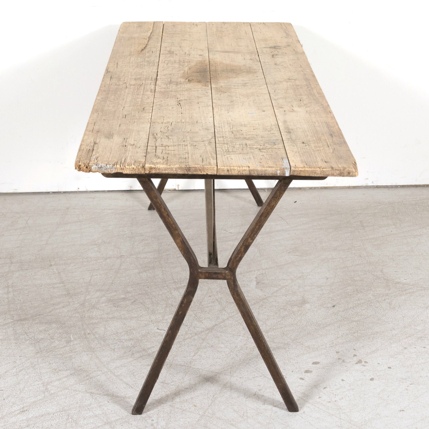 Antique French Washed Oak Console Table with Iron Base