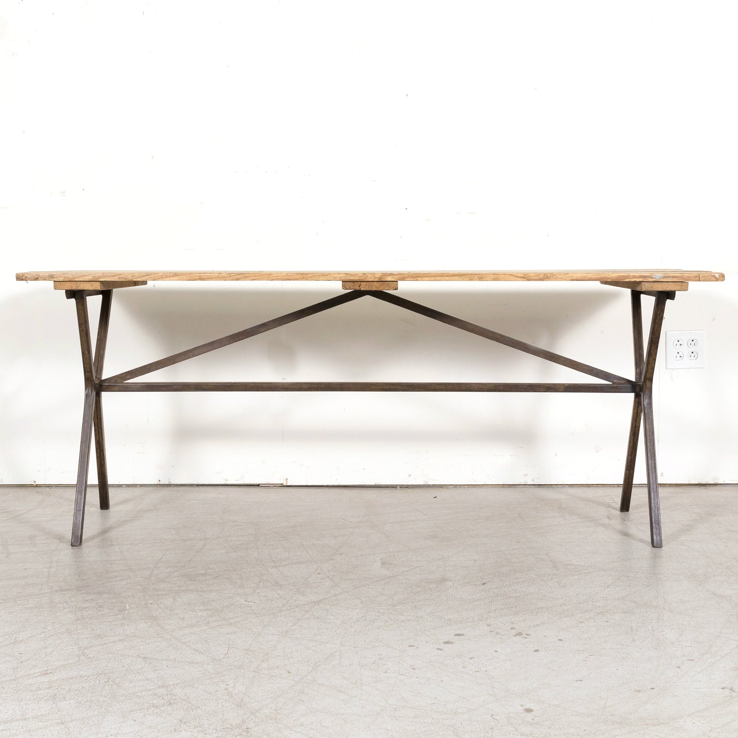 Antique French Washed Oak Console Table with Iron Base