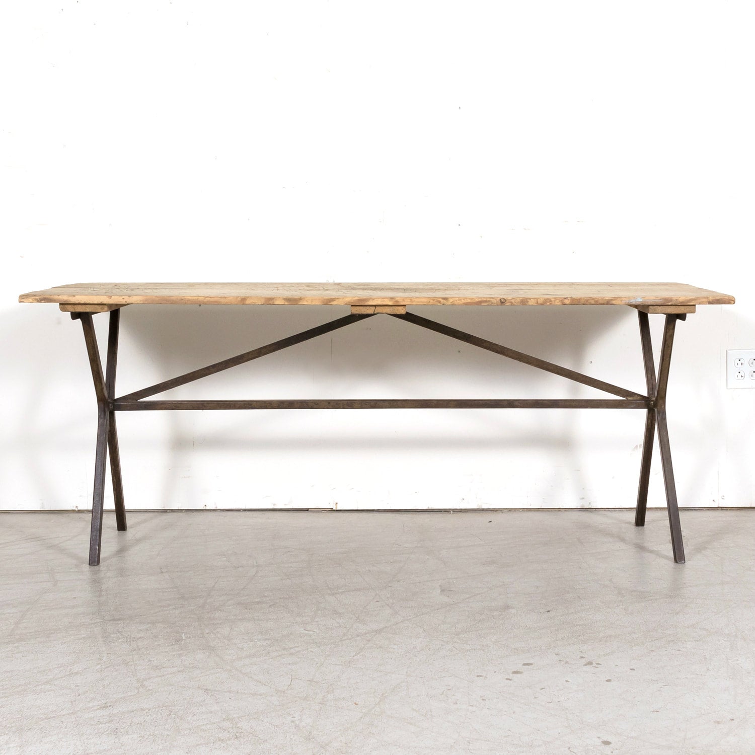 Antique French Washed Oak Console Table with Iron Base