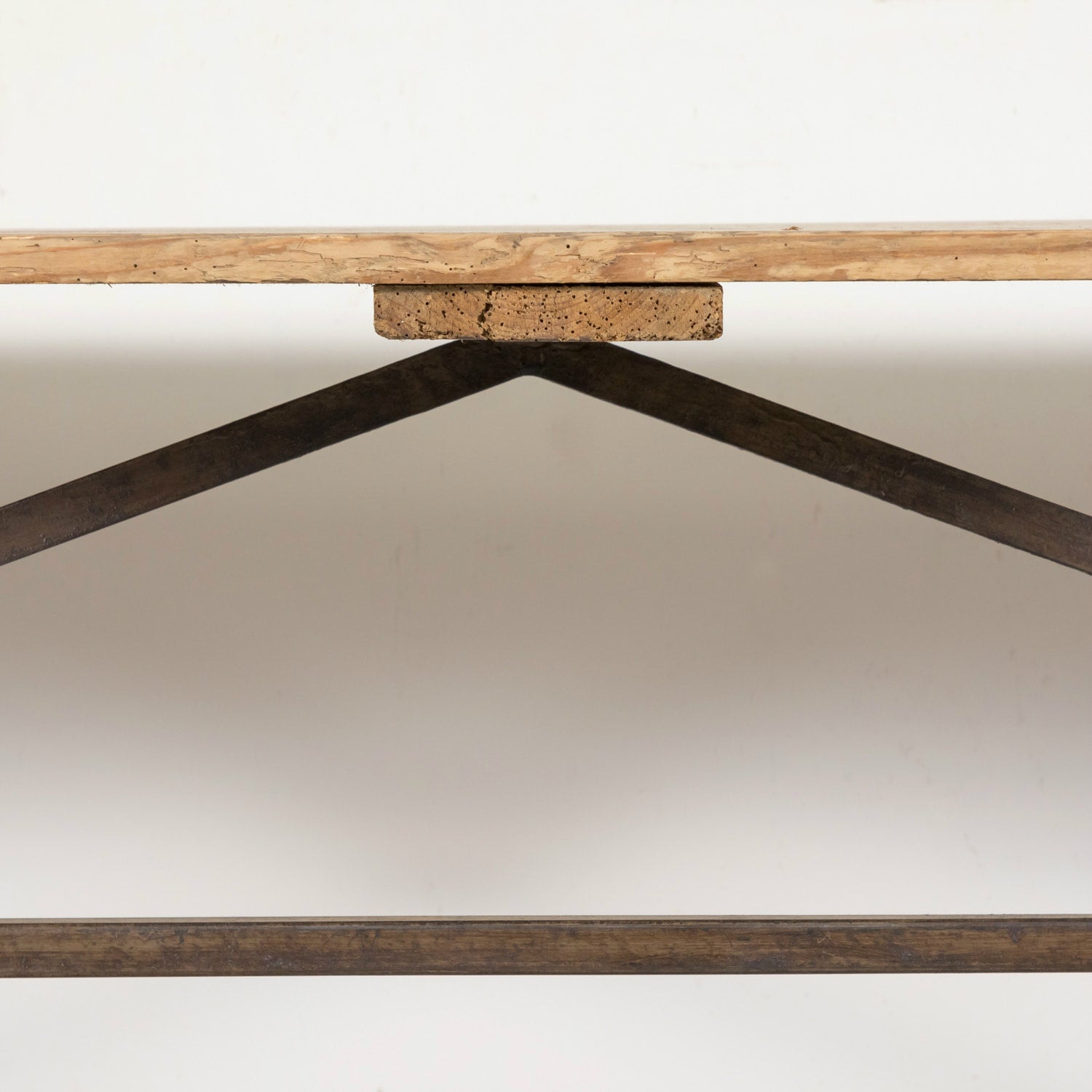Antique French Washed Oak Console Table with Iron Base