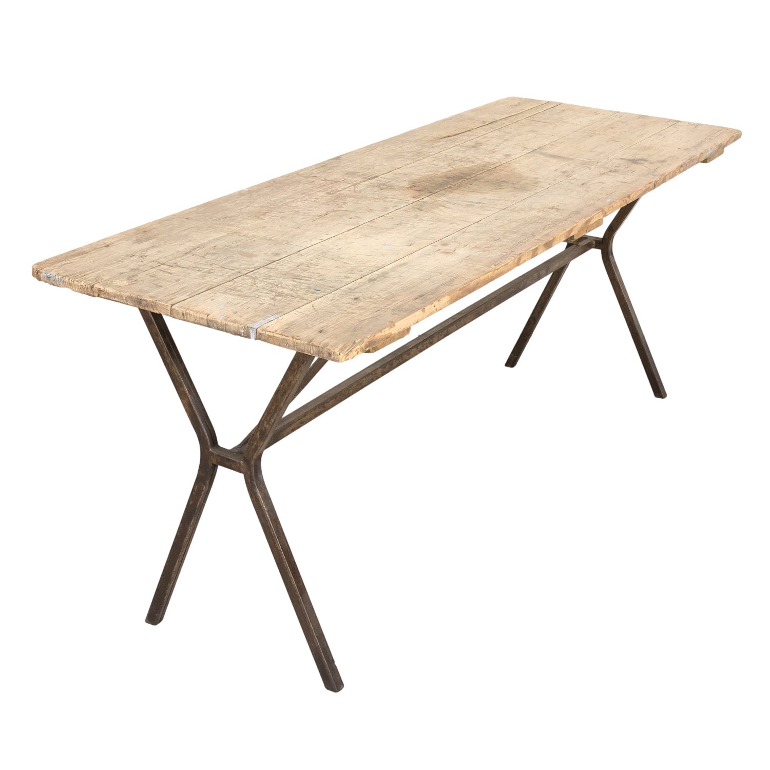 Antique French Washed Oak Console Table with Iron Base