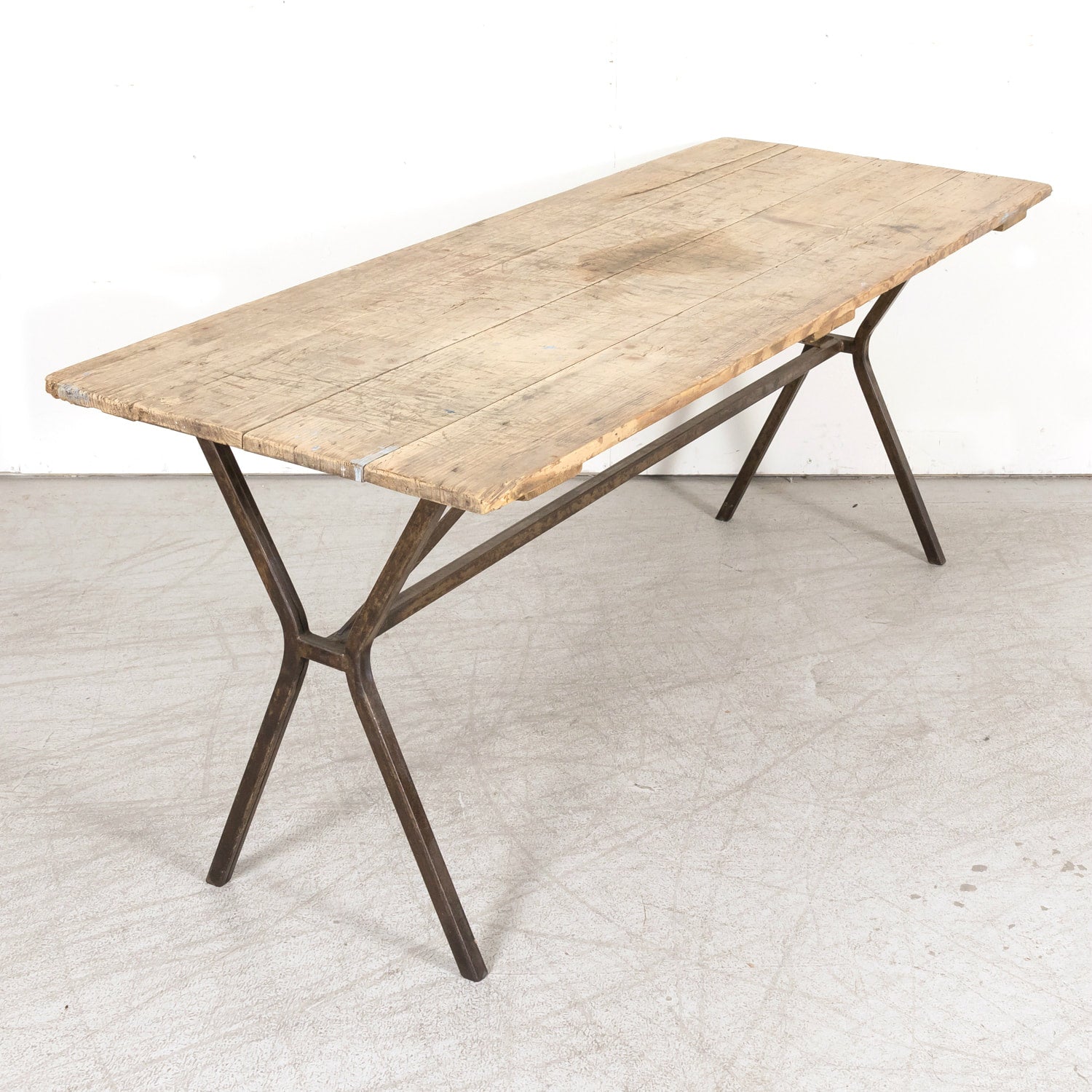 Antique French Washed Oak Console Table with Iron Base