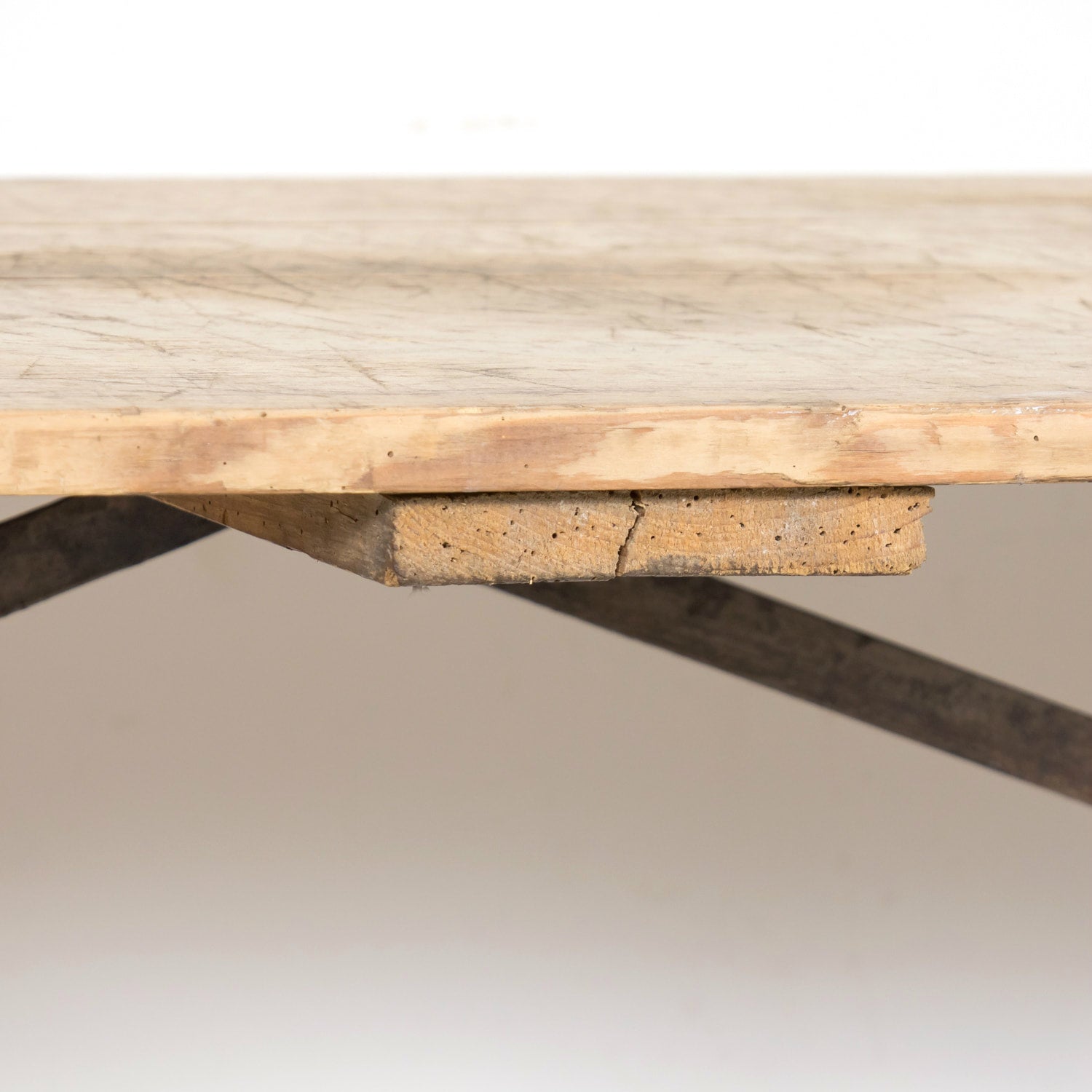 Antique French Washed Oak Console Table with Iron Base