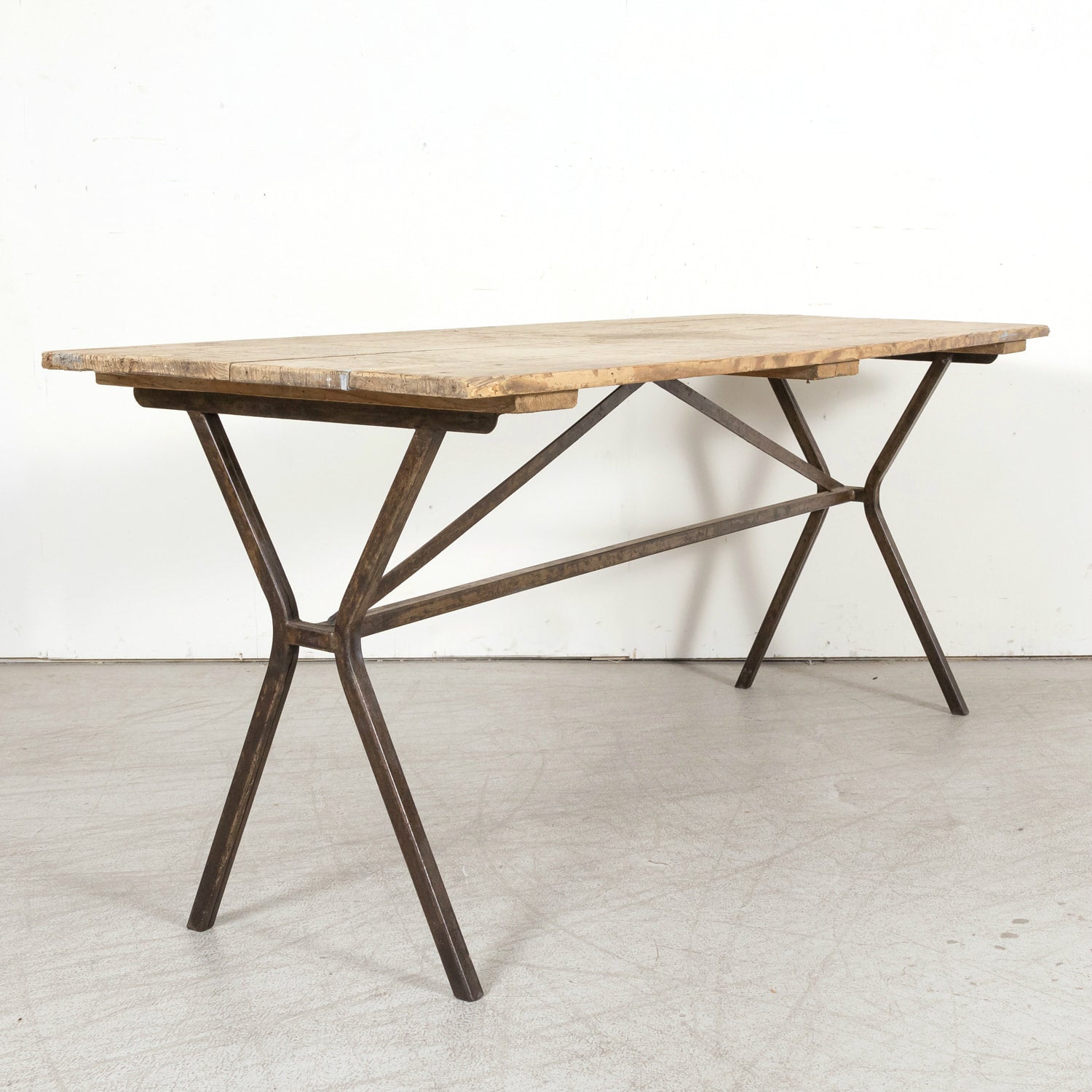 Antique French Washed Oak Console Table with Iron Base