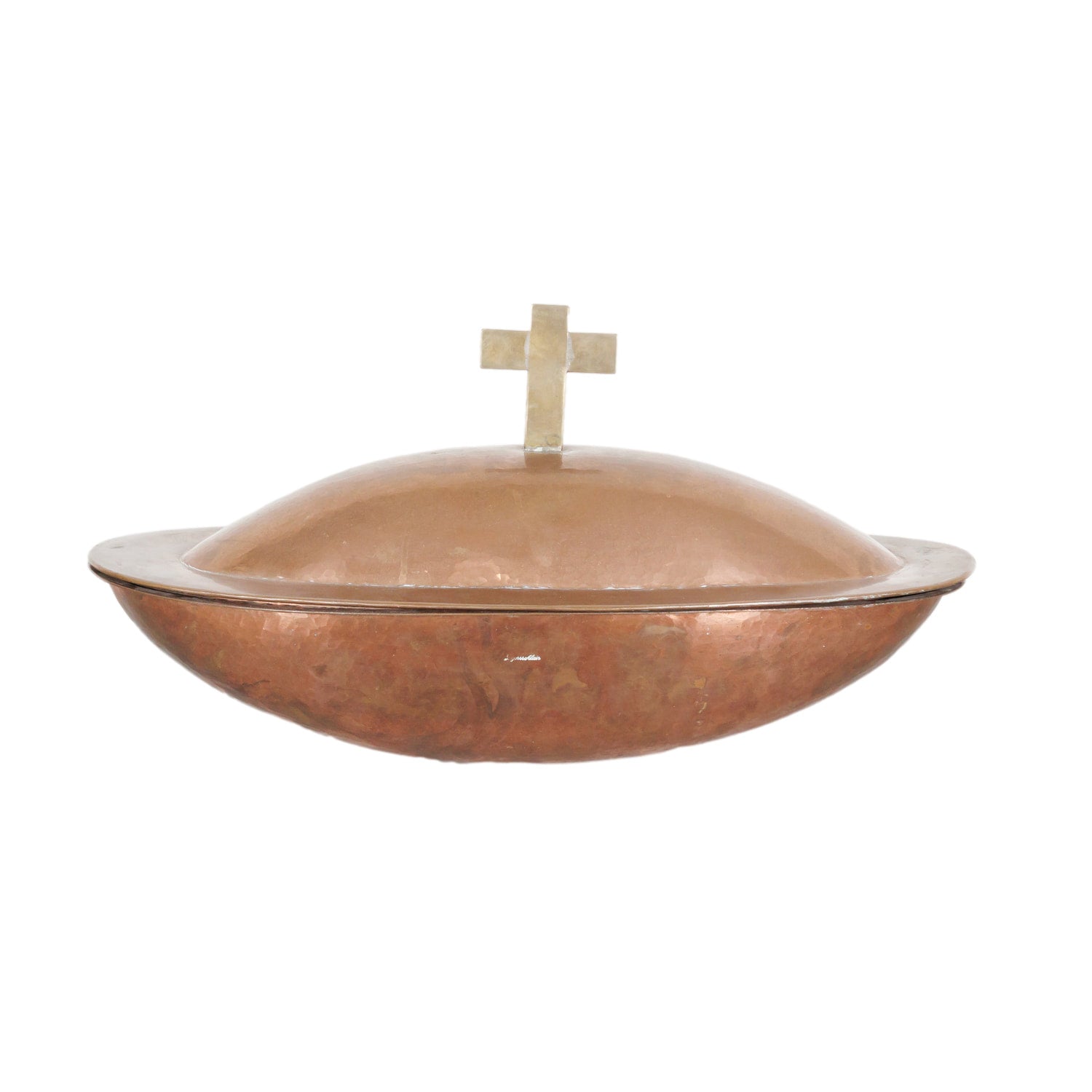 Vintage French Copper and Brass Holy Water Font with Lid, signed Alain L'agorsse