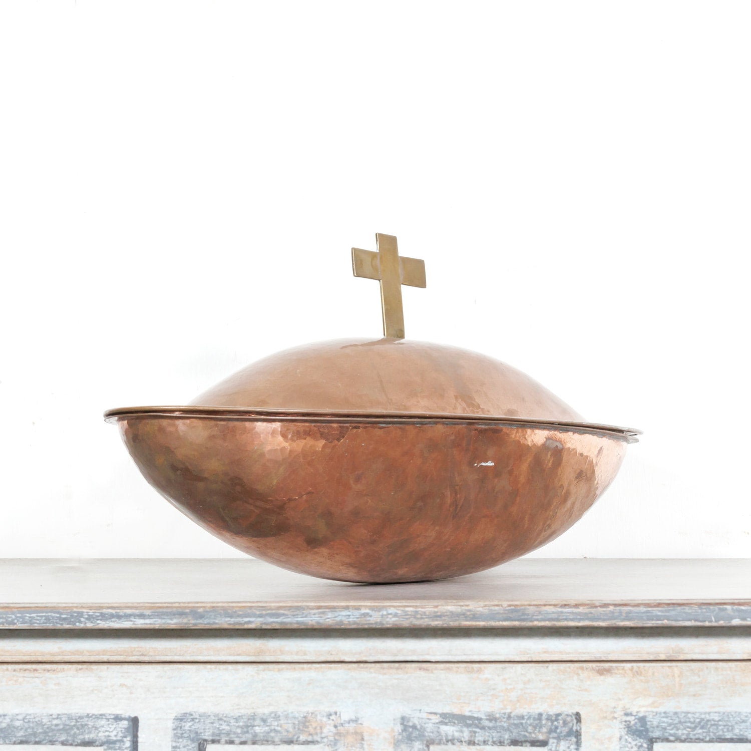 Vintage French Copper and Brass Holy Water Font with Lid, signed Alain L'agorsse
