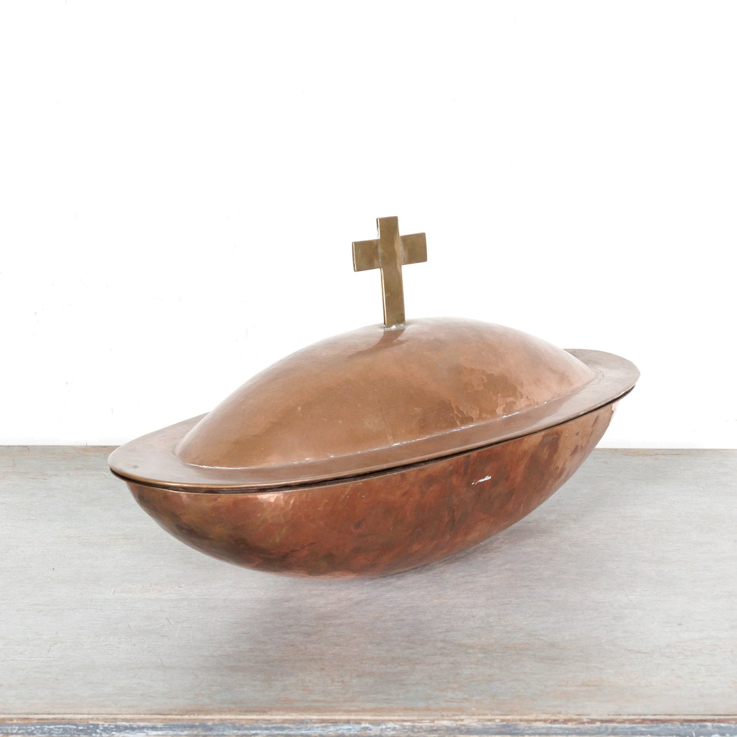 Vintage French Copper and Brass Holy Water Font with Lid, signed Alain L'agorsse