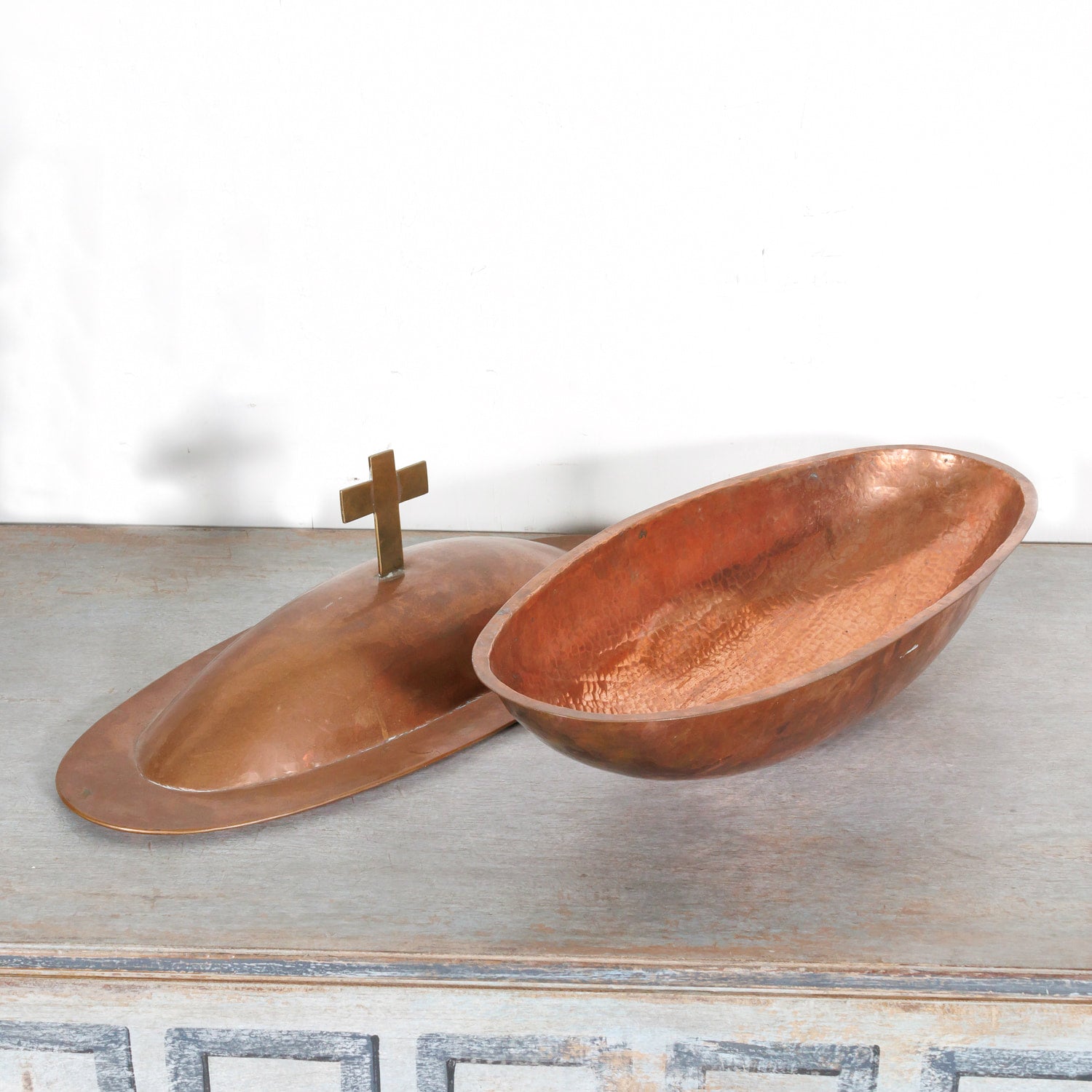 Vintage French Copper and Brass Holy Water Font with Lid, signed Alain L'agorsse