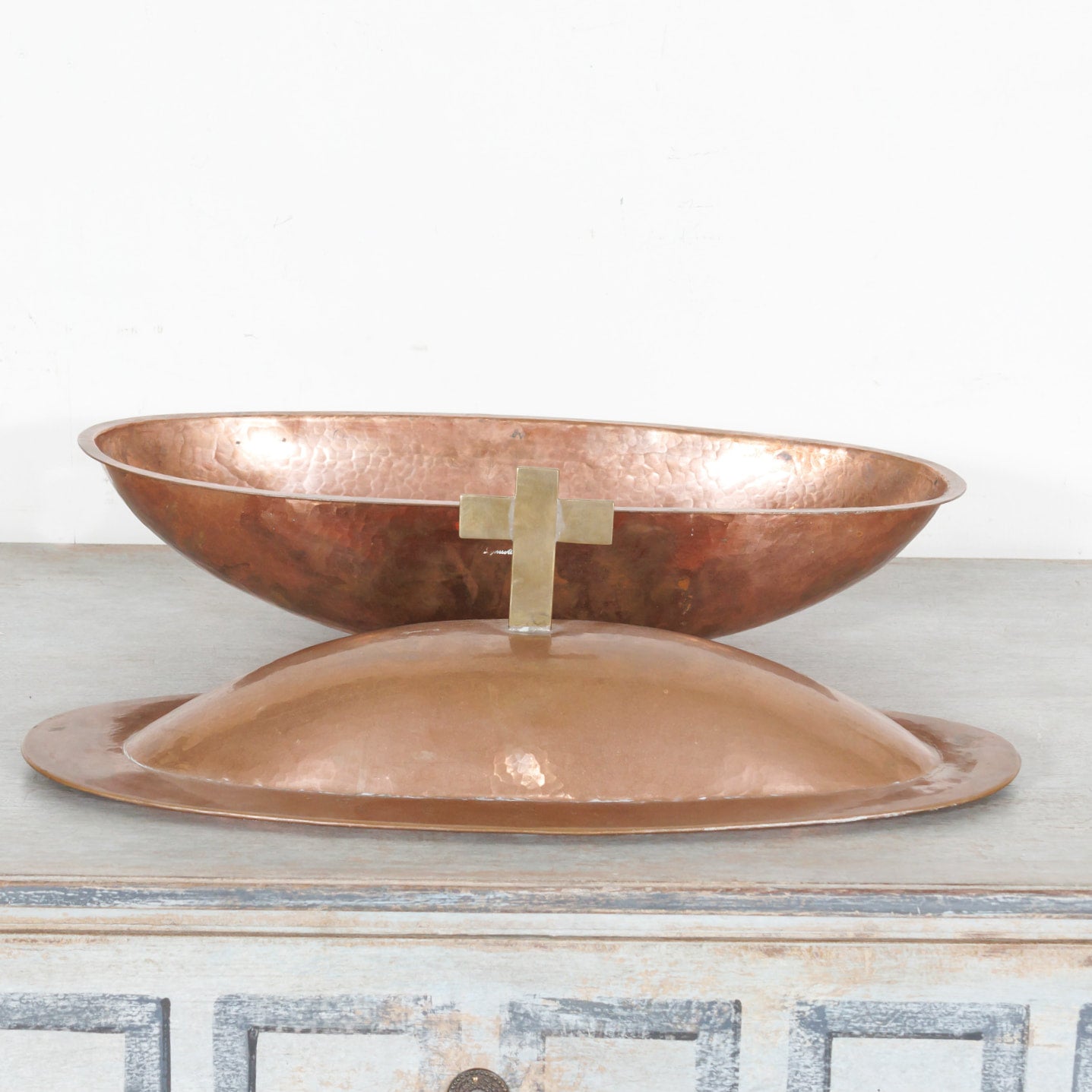 Vintage French Copper and Brass Holy Water Font with Lid, signed Alain L'agorsse