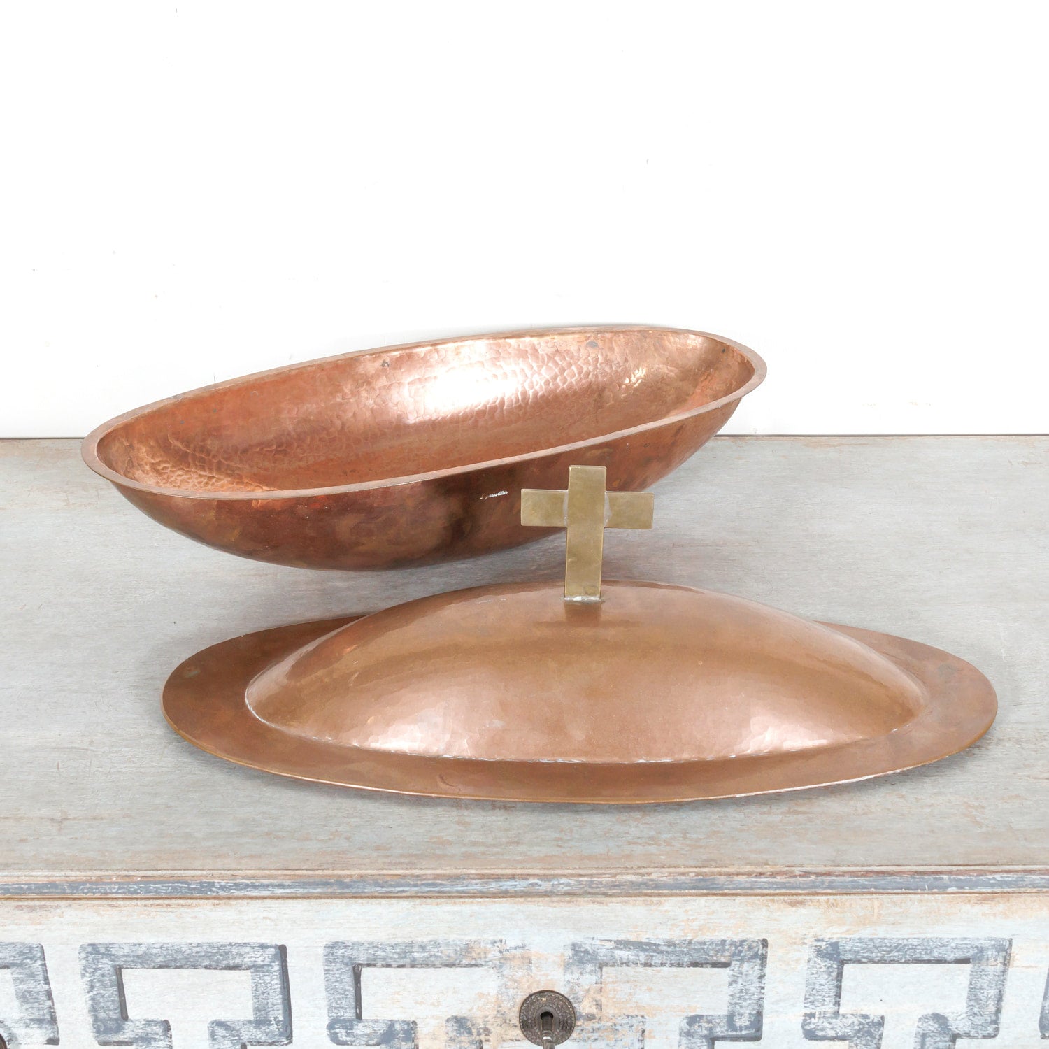 Vintage French Copper and Brass Holy Water Font with Lid, signed Alain L'agorsse