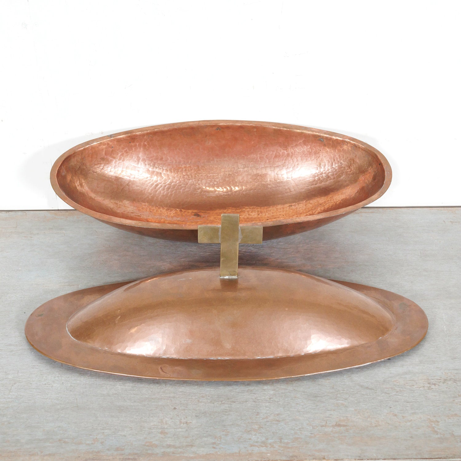Vintage French Copper and Brass Holy Water Font with Lid, signed Alain L'agorsse