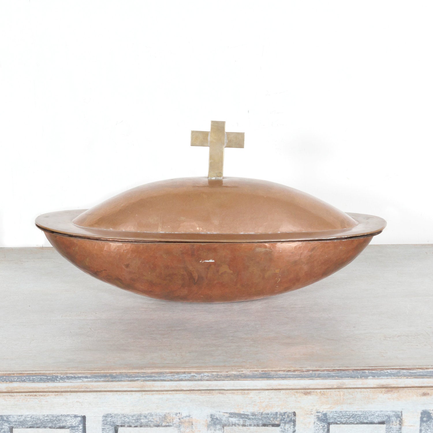Vintage French Copper and Brass Holy Water Font with Lid, signed Alain L'agorsse