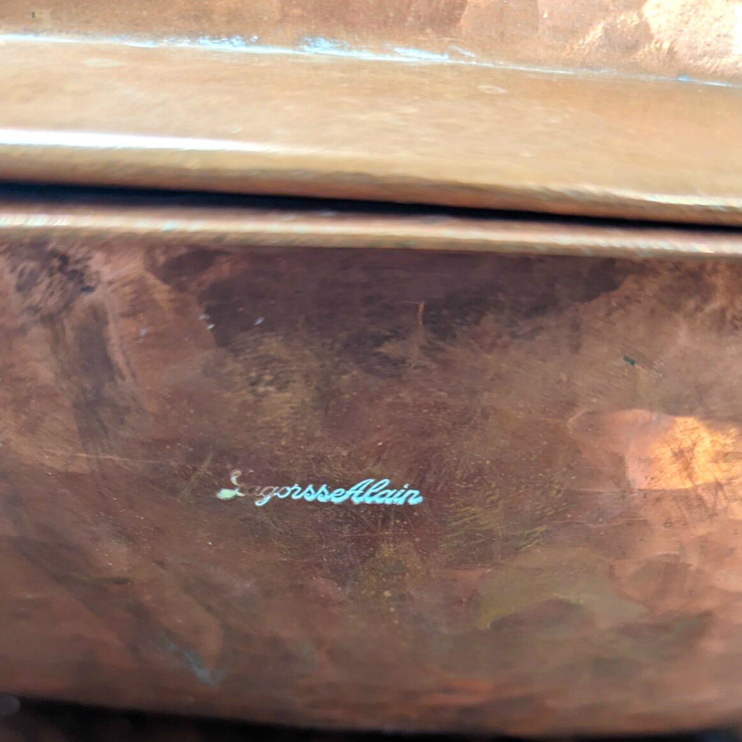 Vintage French Copper and Brass Holy Water Font with Lid, signed Alain L'agorsse