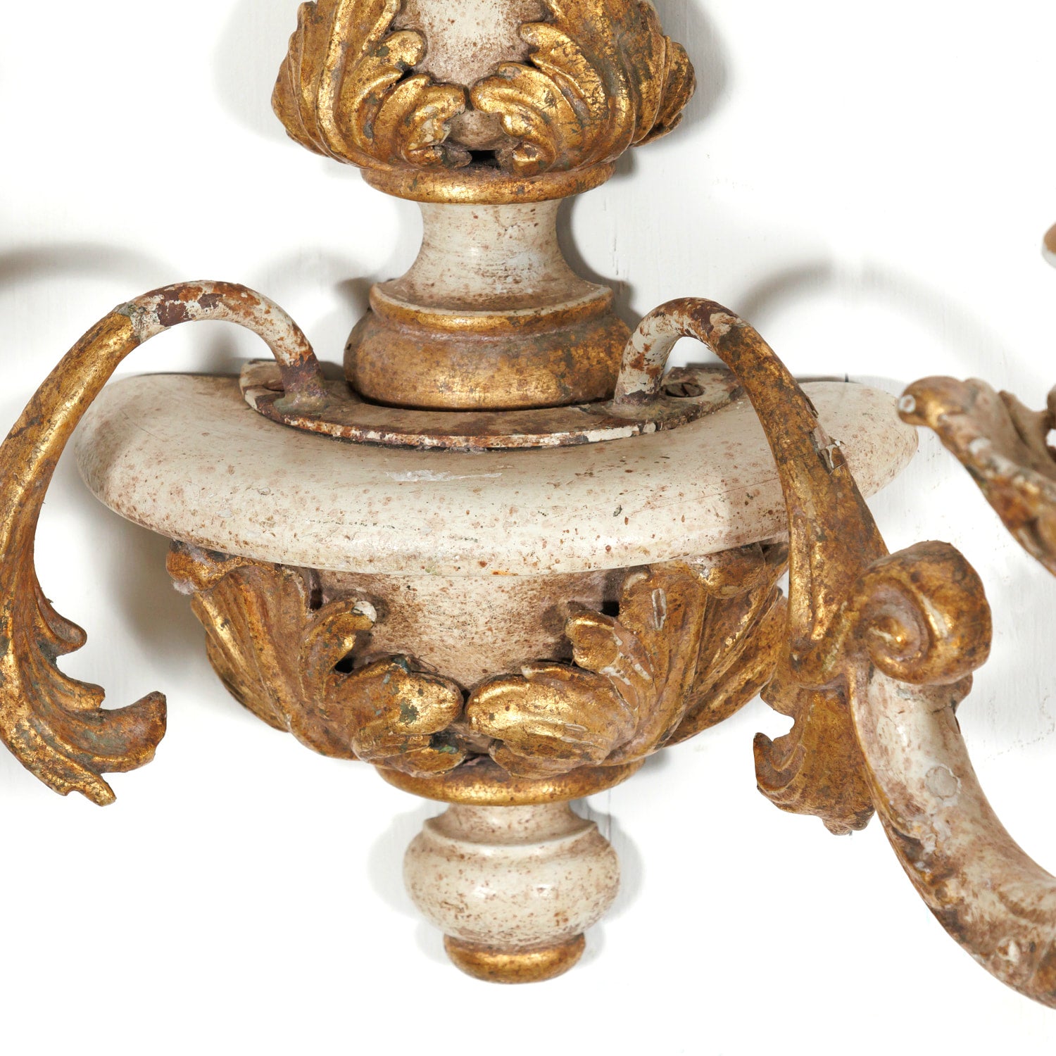 Vintage 20th Century Pair Italian Painted and Parcel Gilt Hand Carved Wooden 2-Light Sconces