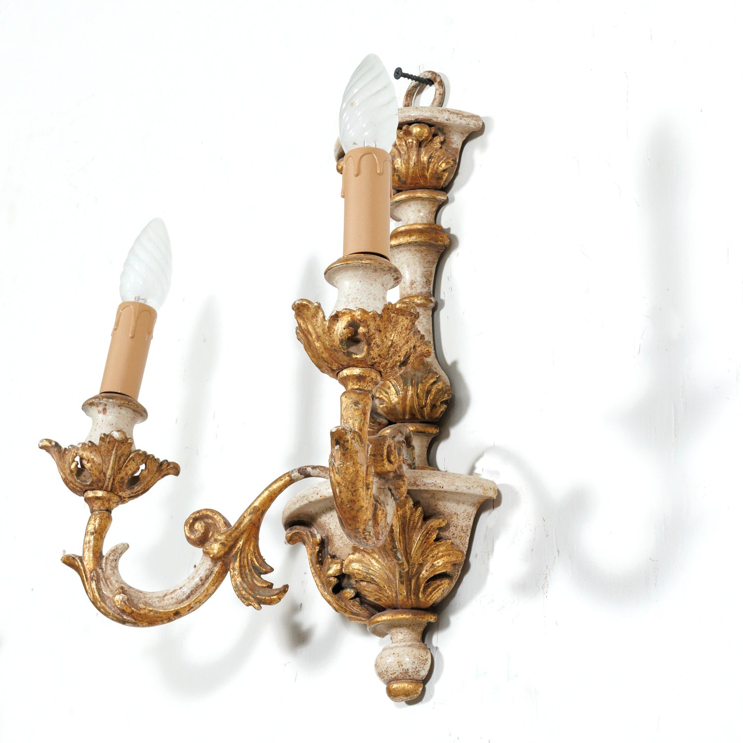 Vintage 20th Century Pair Italian Painted and Parcel Gilt Hand Carved Wooden 2-Light Sconces