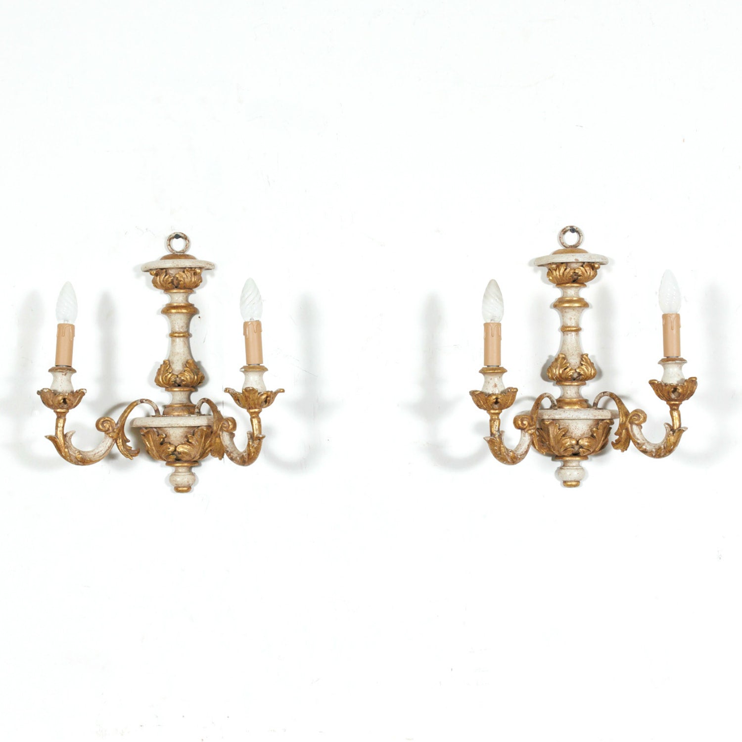 Vintage 20th Century Pair Italian Painted and Parcel Gilt Hand Carved Wooden 2-Light Sconces