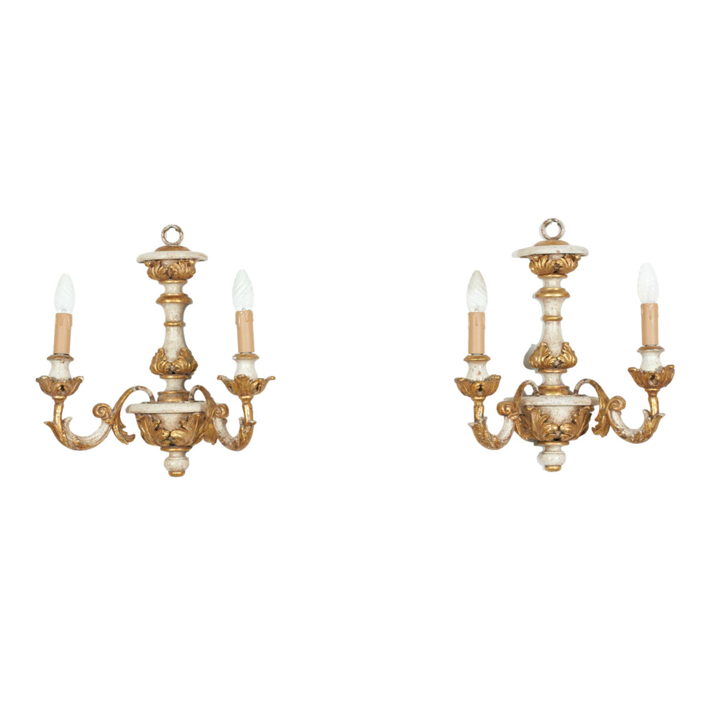 Vintage 20th Century Pair Italian Painted and Parcel Gilt Hand Carved Wooden 2-Light Sconces