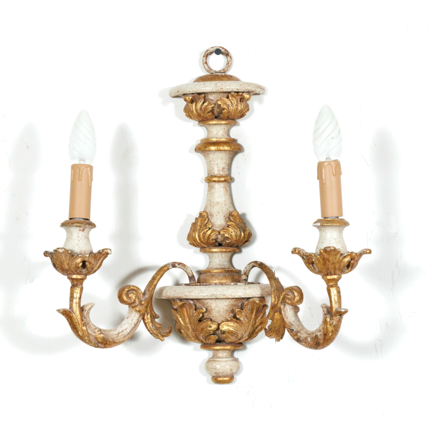 Vintage 20th Century Pair Italian Painted and Parcel Gilt Hand Carved Wooden 2-Light Sconces