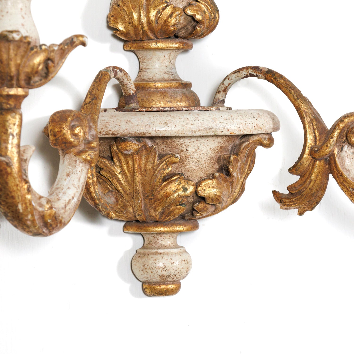 Vintage 20th Century Pair Italian Painted and Parcel Gilt Hand Carved Wooden 2-Light Sconces