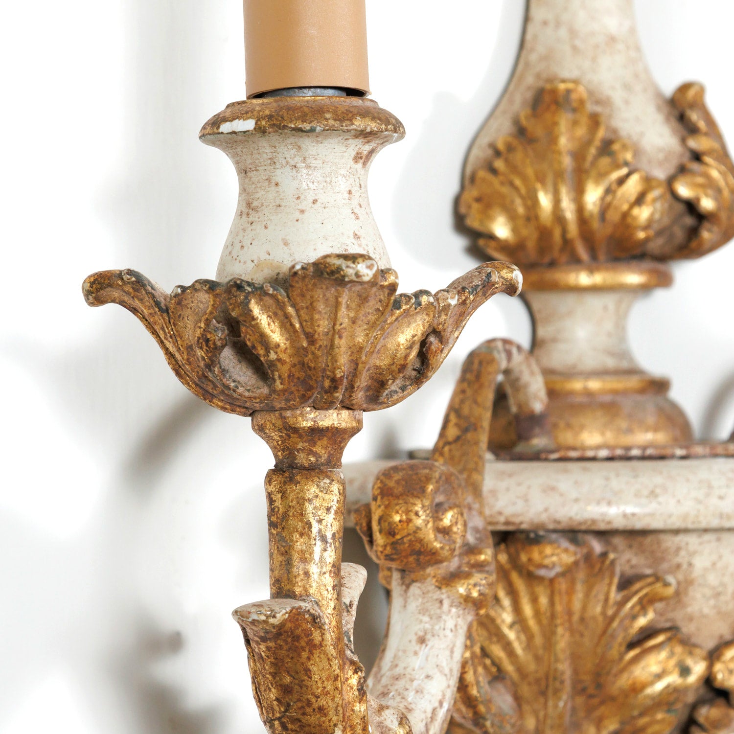 Vintage 20th Century Pair Italian Painted and Parcel Gilt Hand Carved Wooden 2-Light Sconces