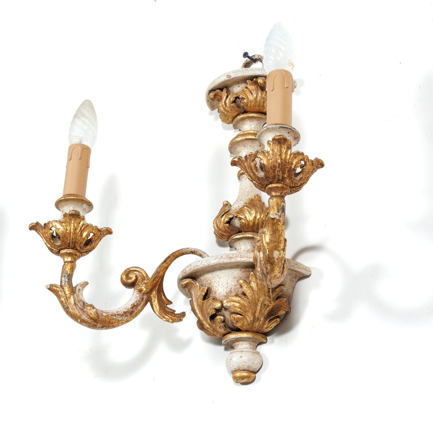 Vintage 20th Century Pair Italian Painted and Parcel Gilt Hand Carved Wooden 2-Light Sconces