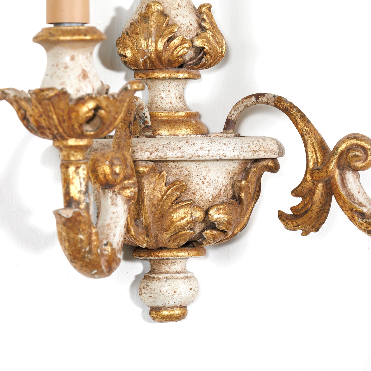 Vintage 20th Century Pair Italian Painted and Parcel Gilt Hand Carved Wooden 2-Light Sconces