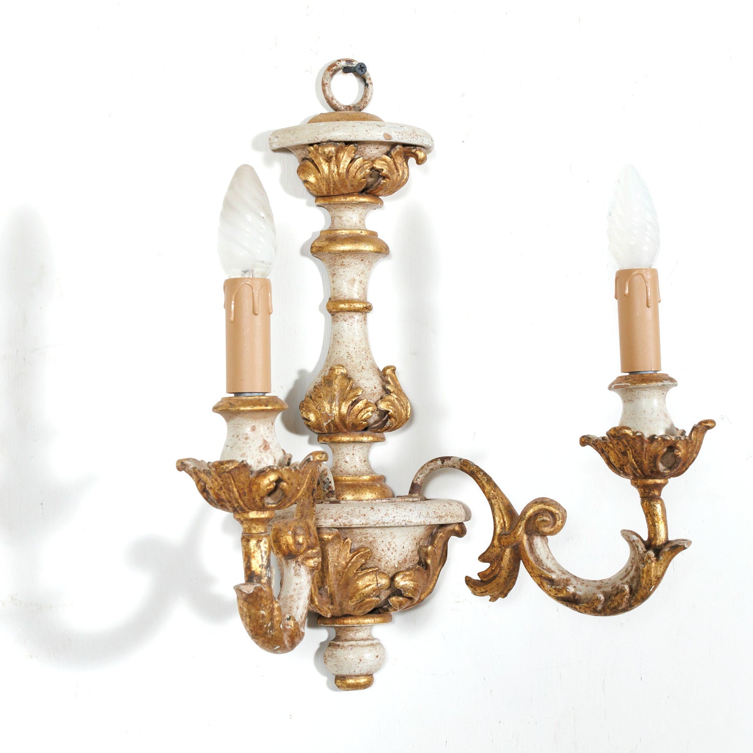 Vintage 20th Century Pair Italian Painted and Parcel Gilt Hand Carved Wooden 2-Light Sconces