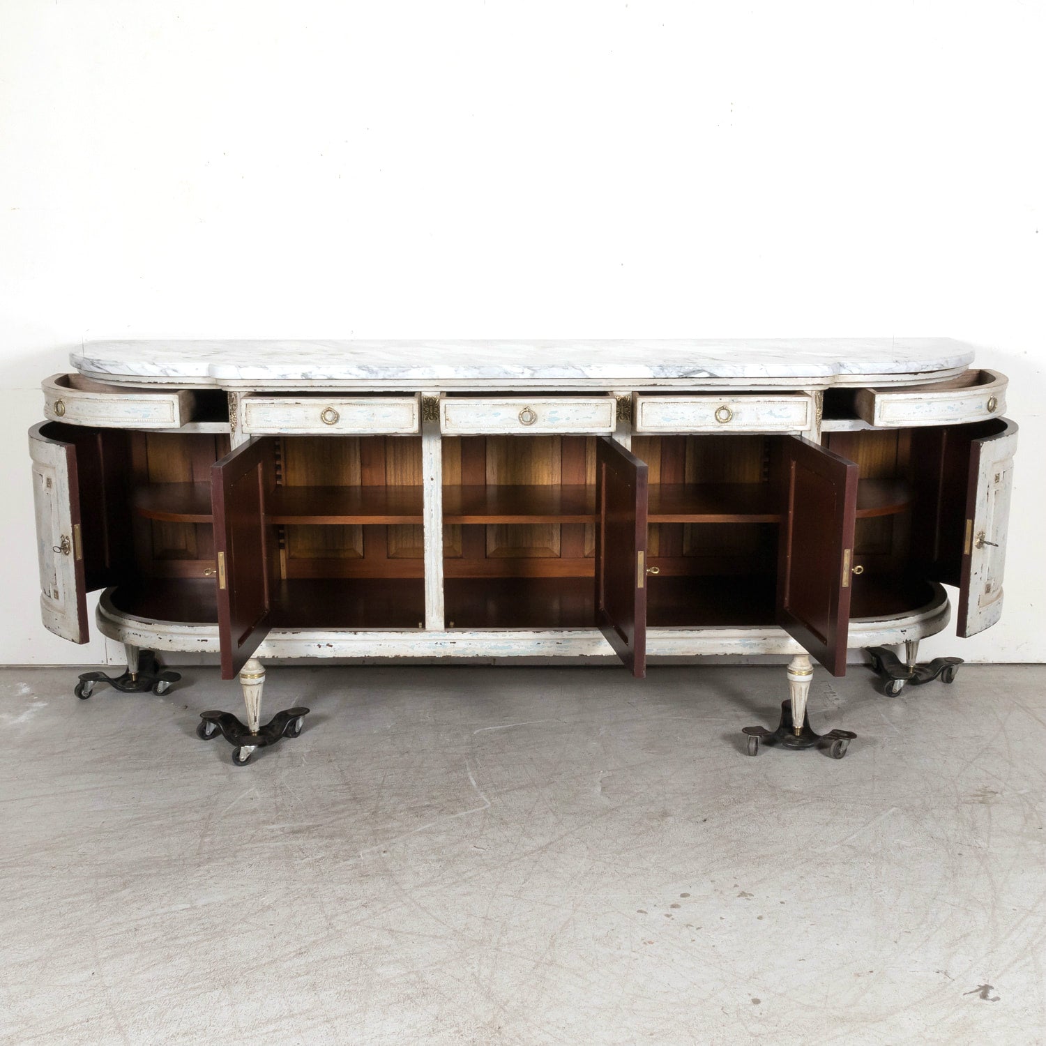 Antique French Painted Louis XVI Style Demilune Enfilade Buffet with Marble Top