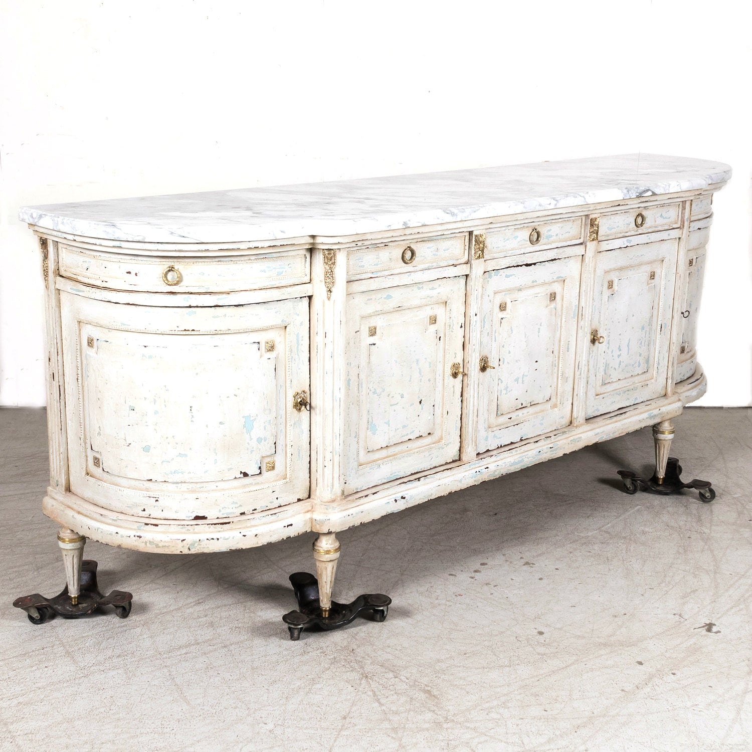 Antique French Painted Louis XVI Style Demilune Enfilade Buffet with Marble Top
