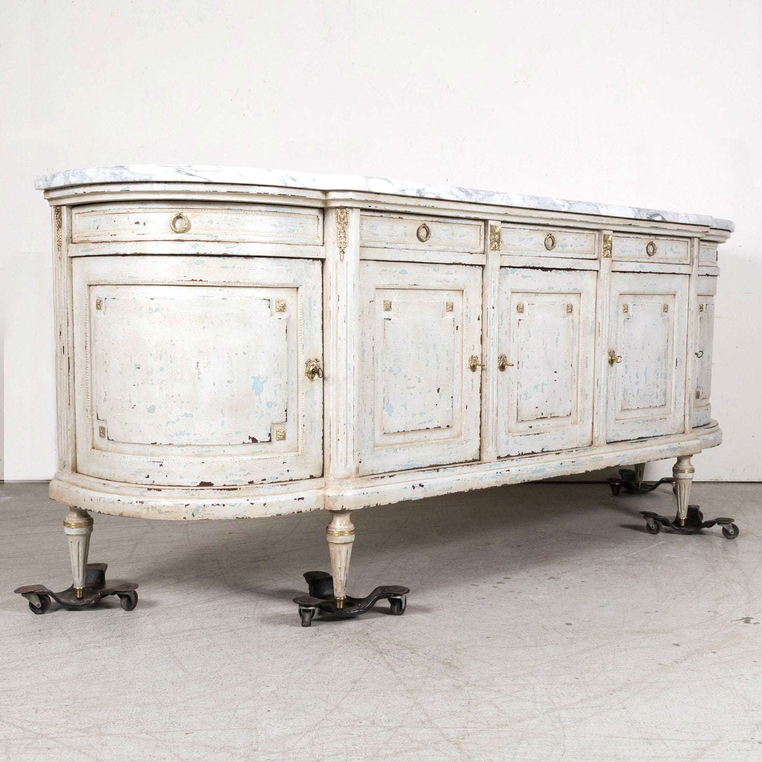 Antique French Painted Louis XVI Style Demilune Enfilade Buffet with Marble Top
