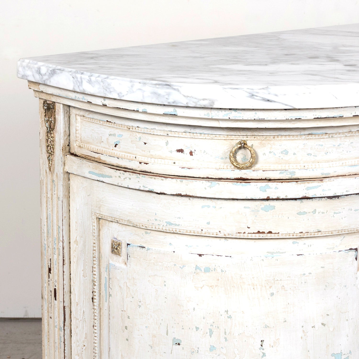 Antique French Painted Louis XVI Style Demilune Enfilade Buffet with Marble Top