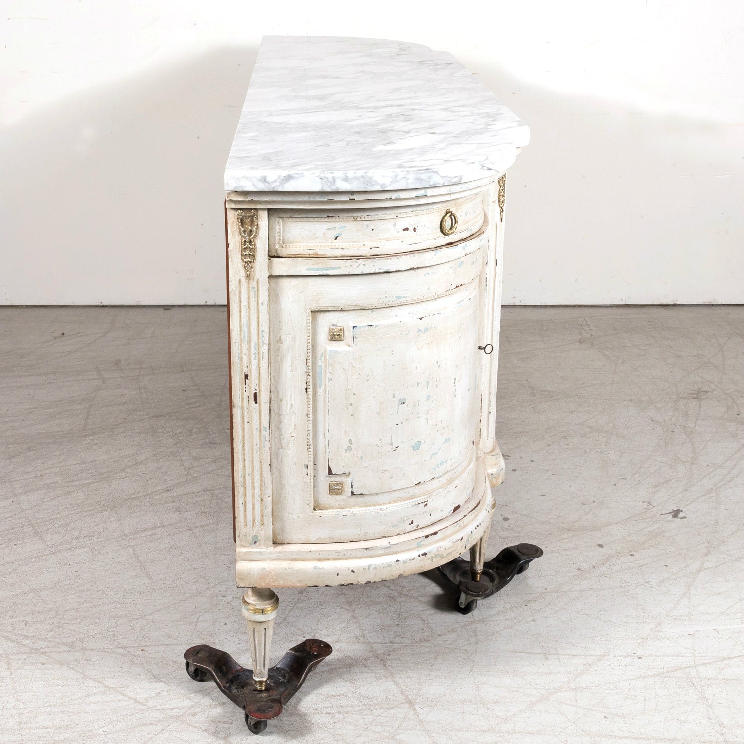 Antique French Painted Louis XVI Style Demilune Enfilade Buffet with Marble Top