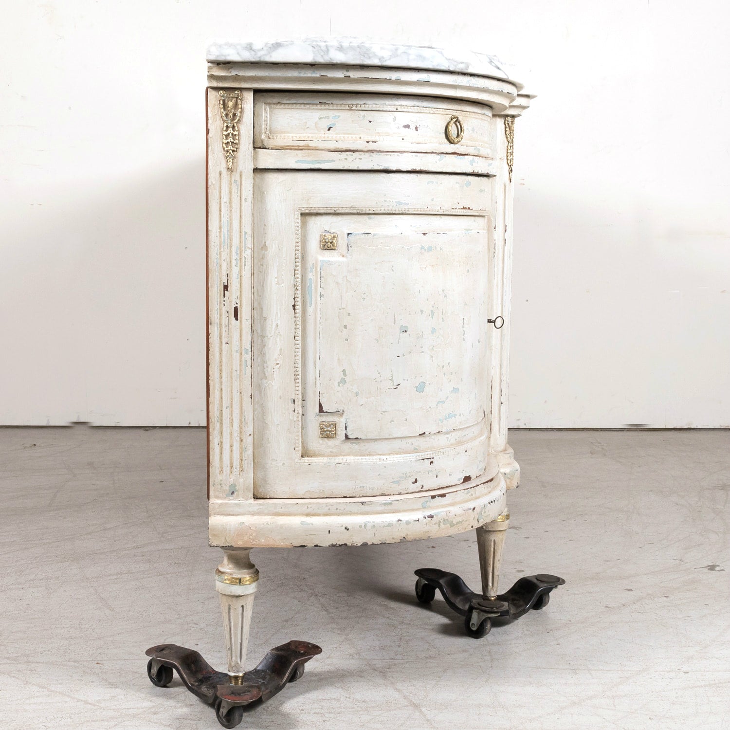 Antique French Painted Louis XVI Style Demilune Enfilade Buffet with Marble Top