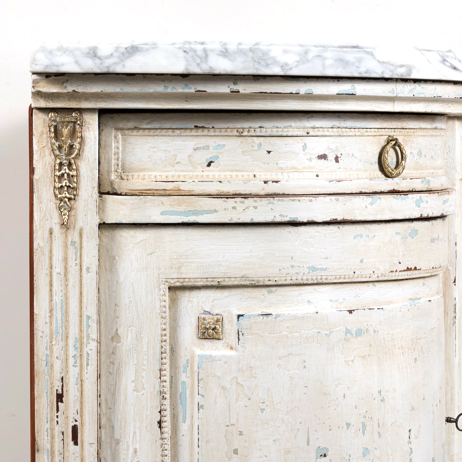 Antique French Painted Louis XVI Style Demilune Enfilade Buffet with Marble Top